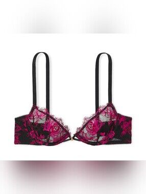 Victoria's Secret | Very Sexy Rose Lace Unlined Demi Bra 38C In Black & Pink